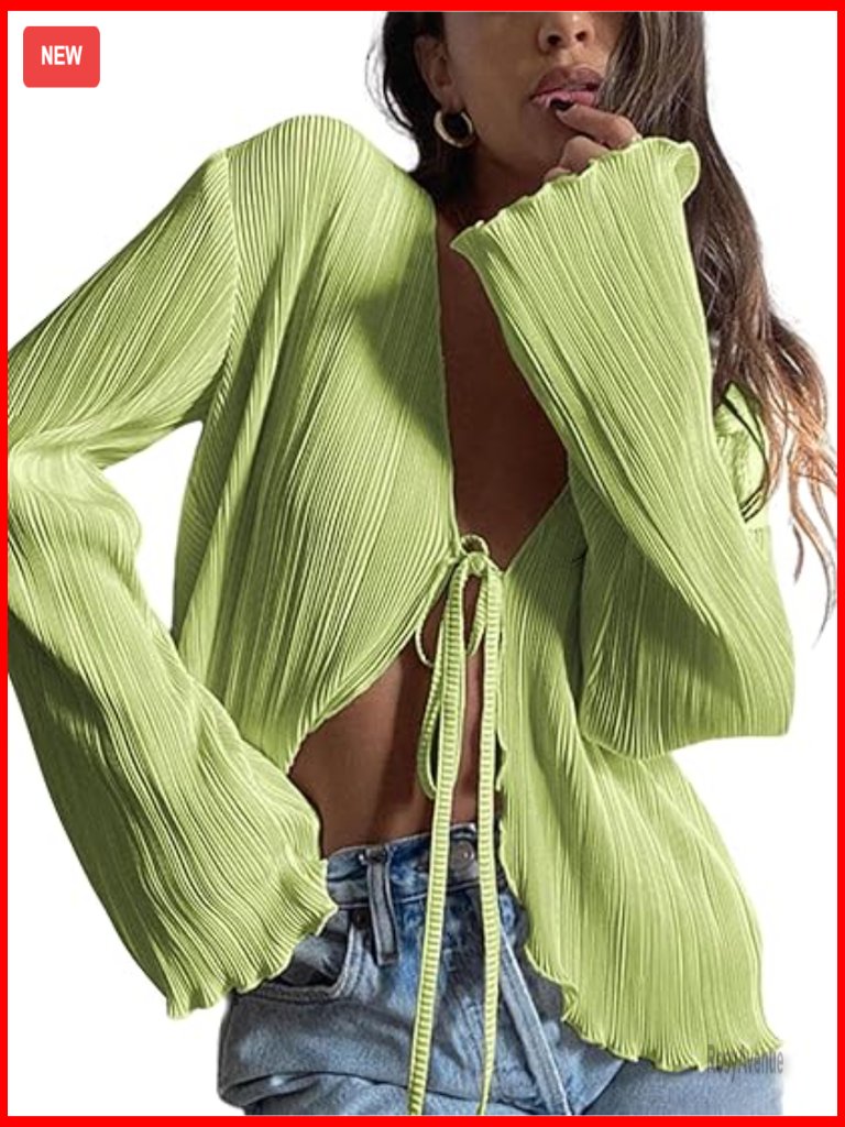 Deep V Neck Tie Front Blouse Flare Sleeve Pleated Tunic Top